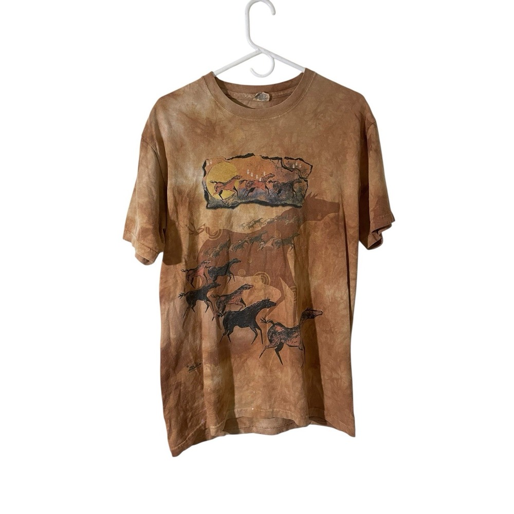 Vtg 90s Tribal‎ Horses Cave Drawing Shirt Tie Dye  Sun Fade Y2K Medium Native